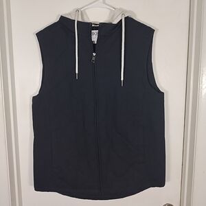 BKE Mens M Quilted Black Canvas Vest Full Zip Pockets Hood Insulated Lightweight